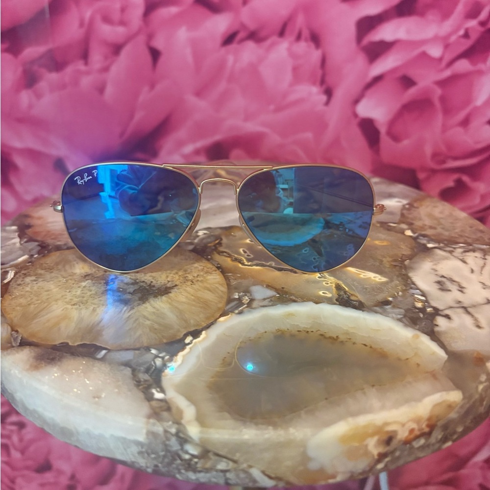 Ray-Ban Gold Frame Sunglasses with Blue Lenses - Picture 3 of 6